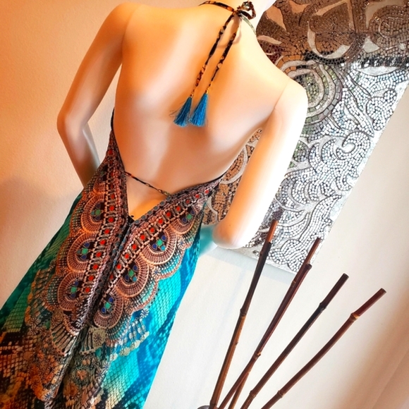 *LAST ONE***MANISH VAID Jquad-Turqouise Python Cry.Emb. Hi-Lo Dress NWT OS - Picture 6 of 12